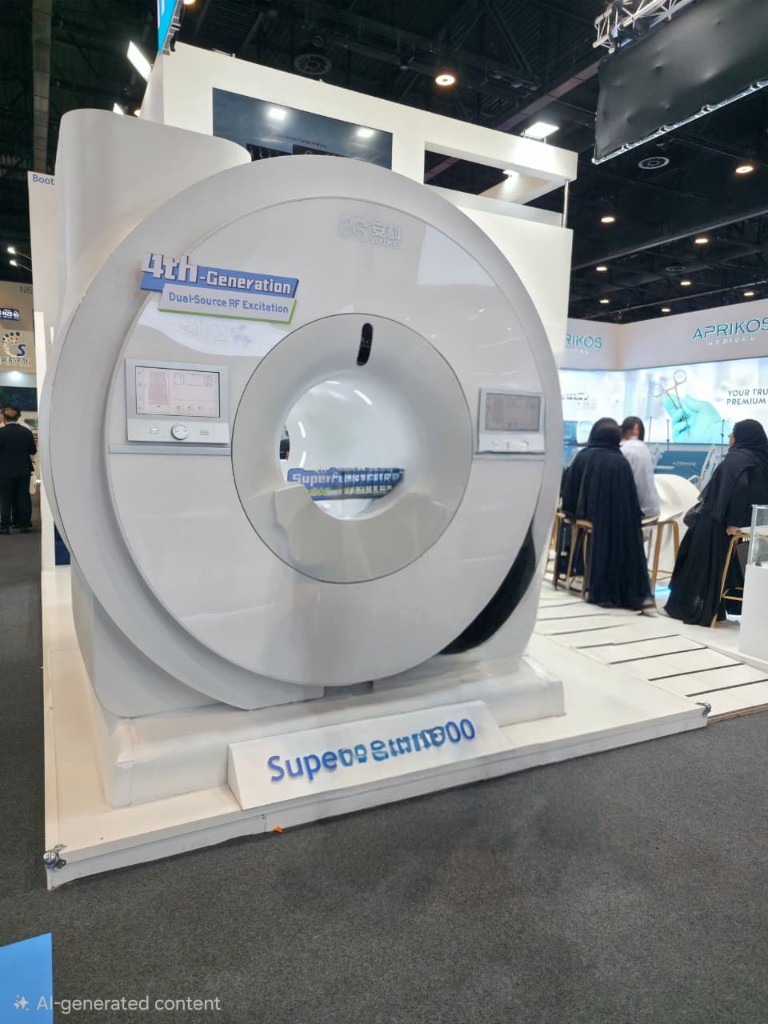 ANKE SuperMark S900 3 T MRI at Arab Health — exhibit unit with 4th-generation dual-source RF excitation branding.
